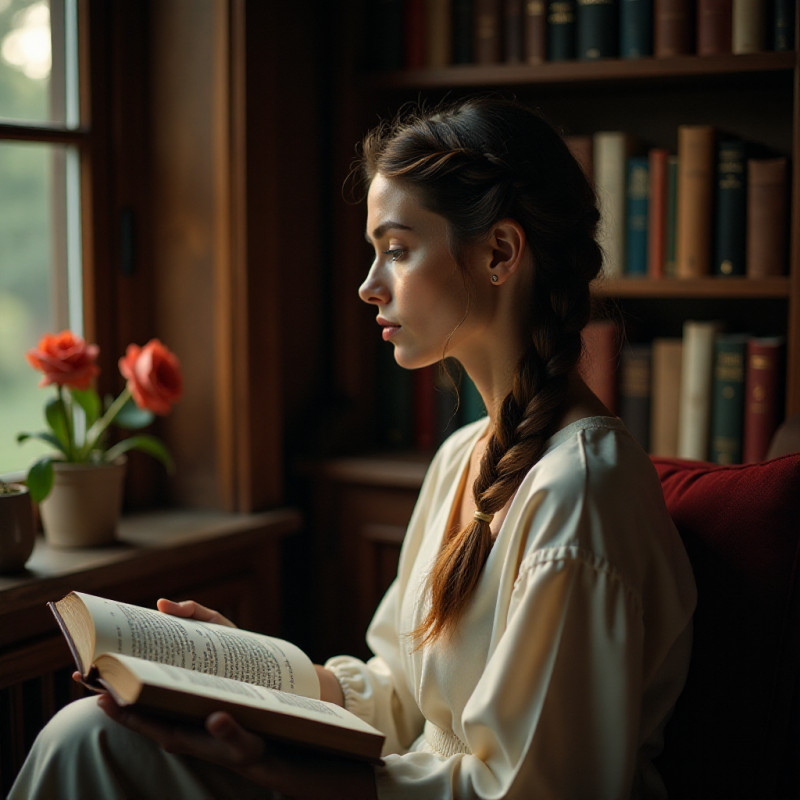 Woman with a classic braid reading.