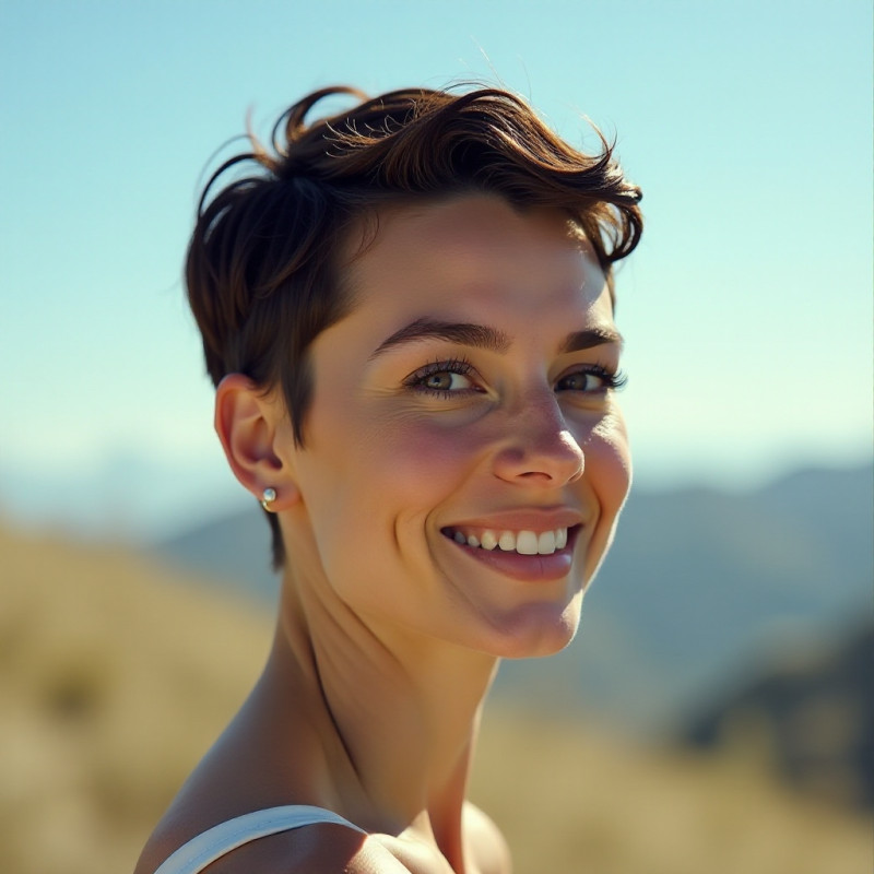 Woman with a classic pixie cut smiling outdoors.