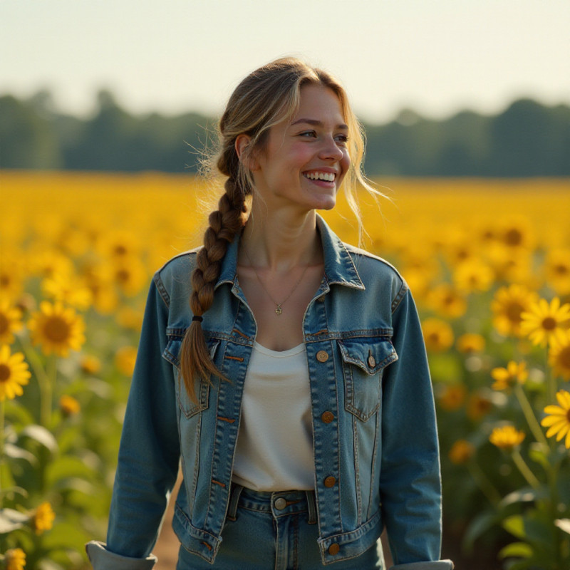 Woman with a fishtail braid walking through flowers.