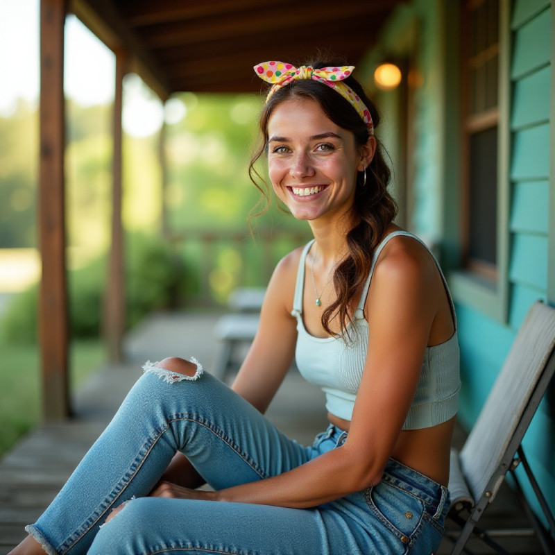 Woman with a headband tuck hairstyle on a porch.