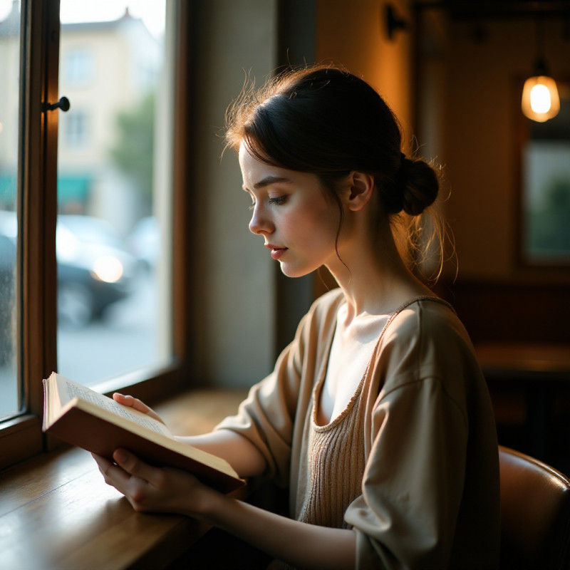 Woman with a low bun hairstyle reading in a café.