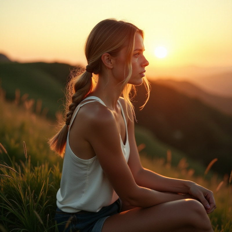 Woman with a low side braid sitting on a grassy hill.