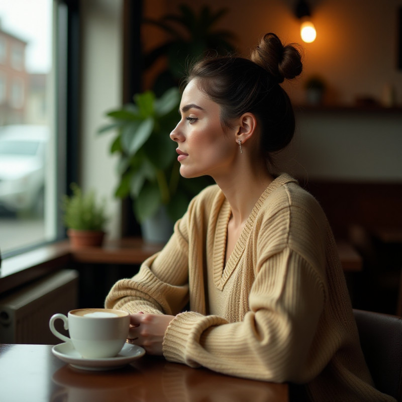 Woman with a messy bun enjoying coffee in a café.