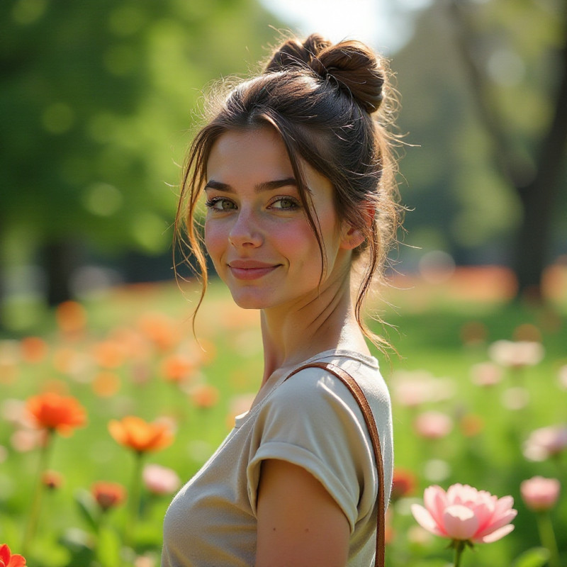 Woman with a messy bun in a sunny park.