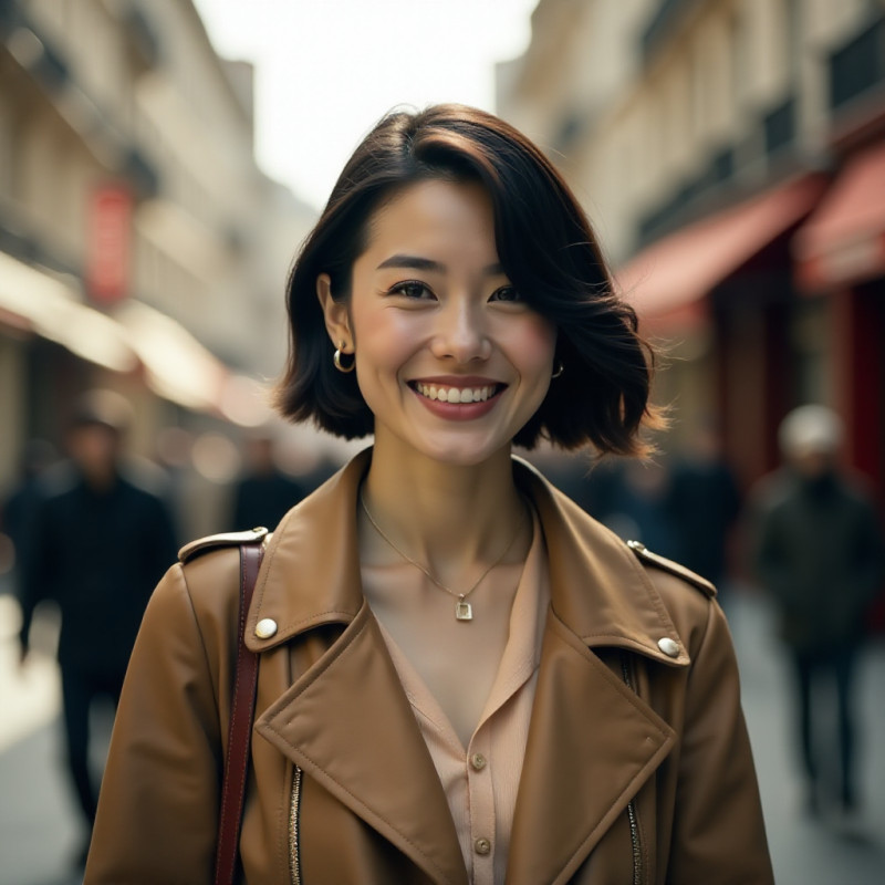 Woman with a side-part hairstyle walking in the city.