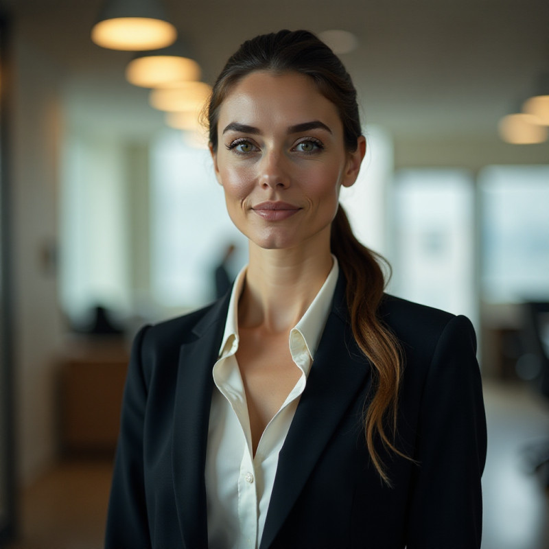 Woman with a sleek low ponytail in an office.