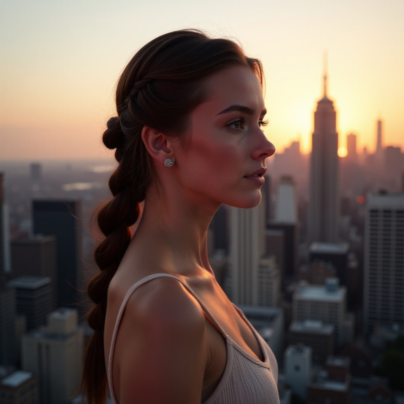 Woman with a sleek top braid on a rooftop.