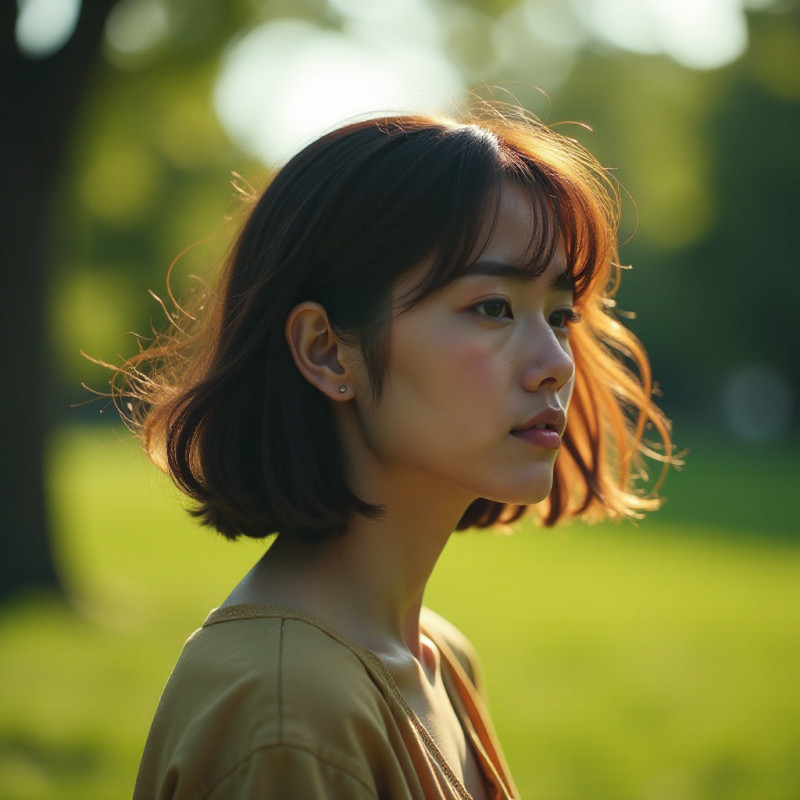 Woman with a textured bob enjoying the outdoors.