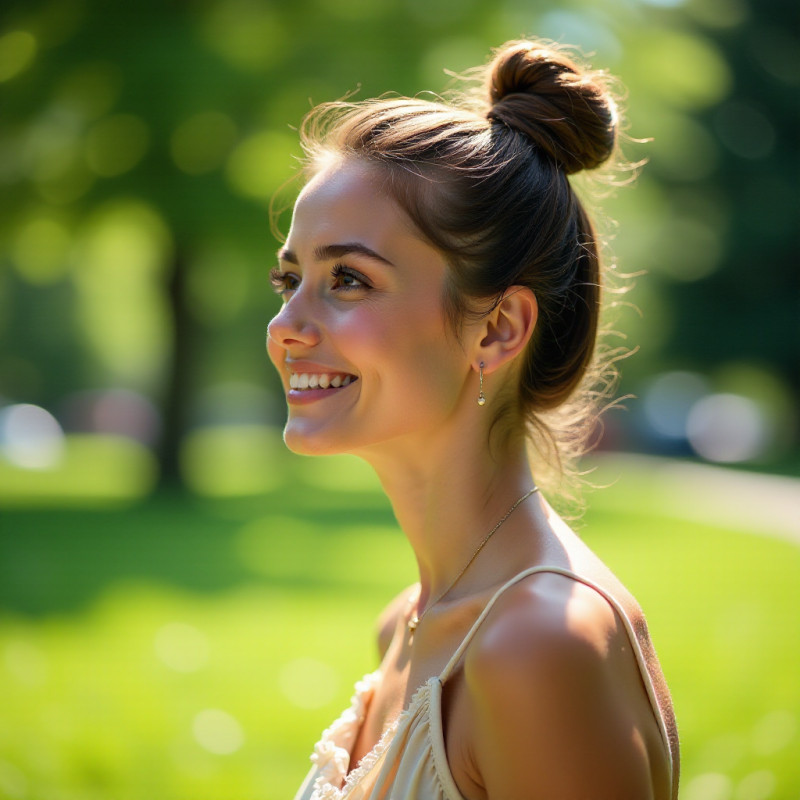 Woman with a top knot hairstyle in a sunny park.