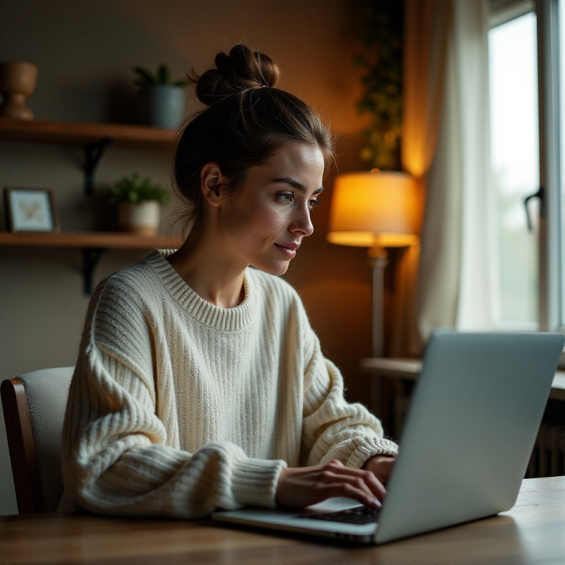 Woman with a top knot in a home office.