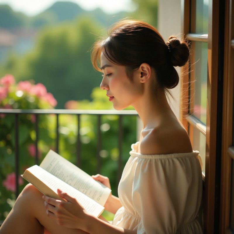 Woman with a twist back hairstyle on a balcony.