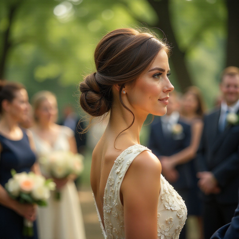 Woman with a twisted low bun at a summer wedding.