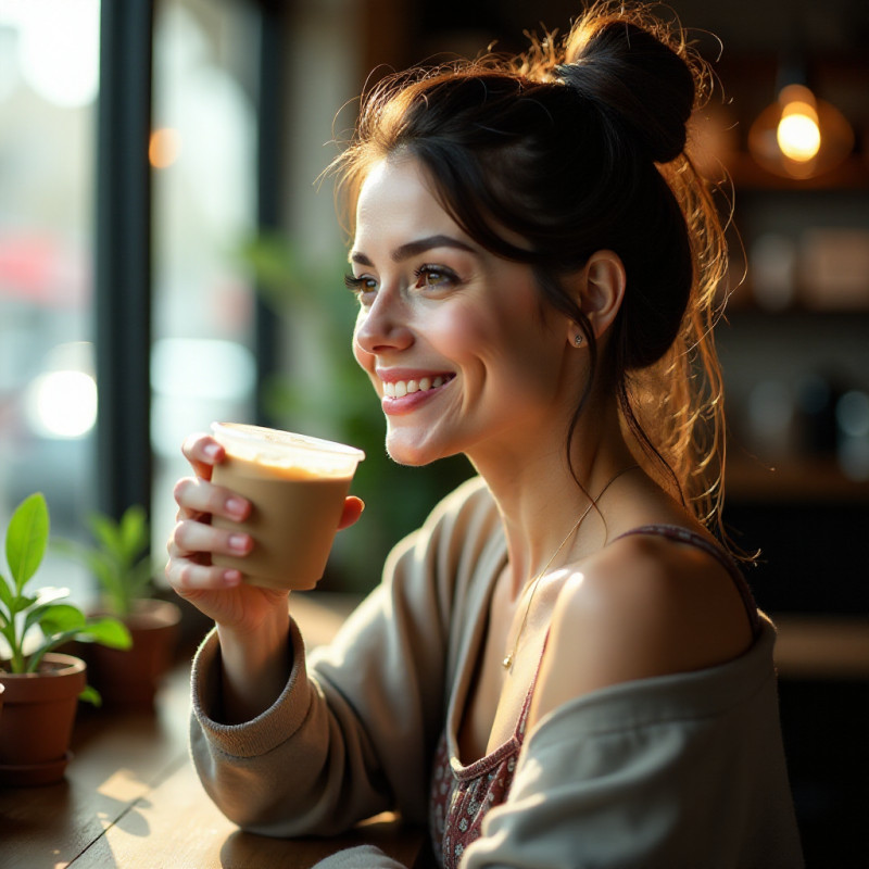 Woman with a twisted ponytail at a coffee shop.