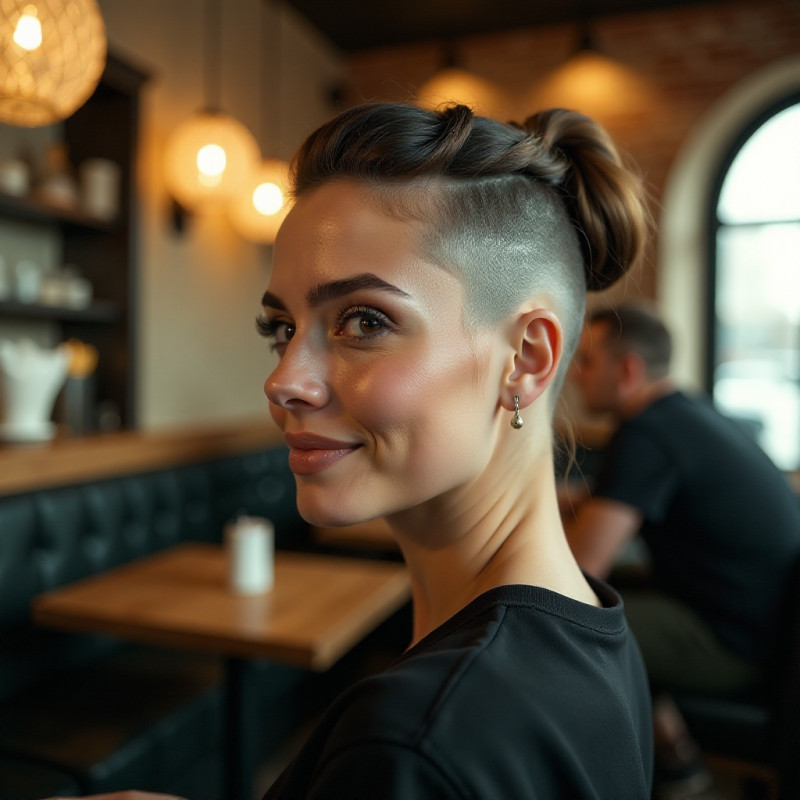 Woman with an undercut hairstyle in a café.