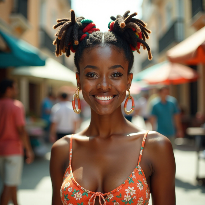 Woman with bantu knots hairstyle in an urban environment.