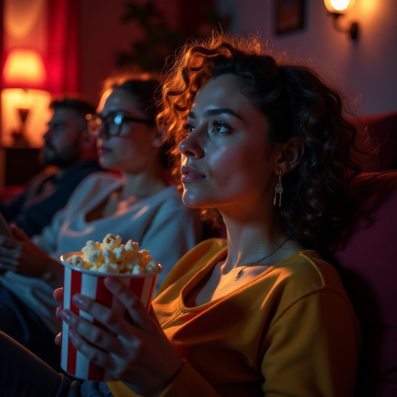 Woman with bouncy curls enjoying a cozy movie night.