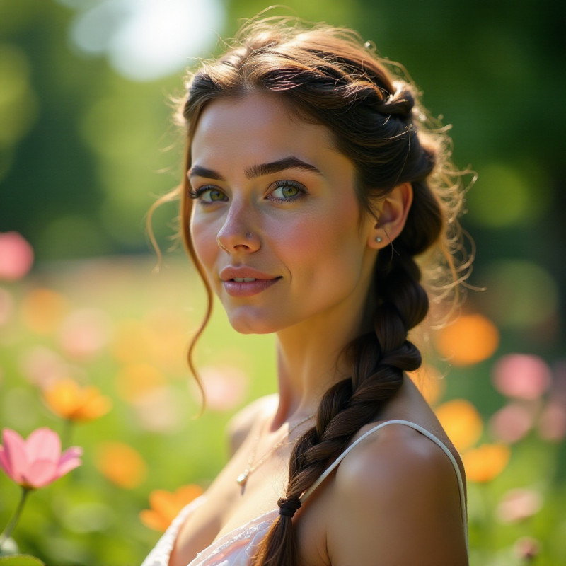 Woman with braided crown hairstyle in a floral setting.