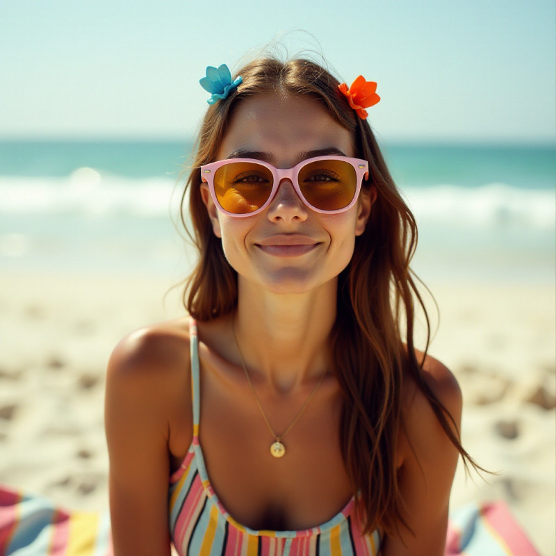 Woman with colorful hair clips enjoying a beach day.