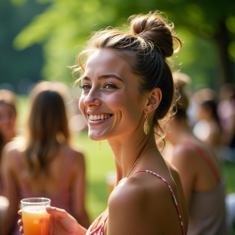 Woman with curly updo at a picnic.