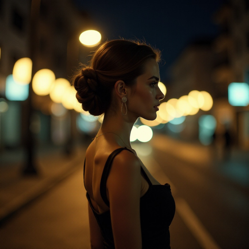 Woman with finger waves walking at night.