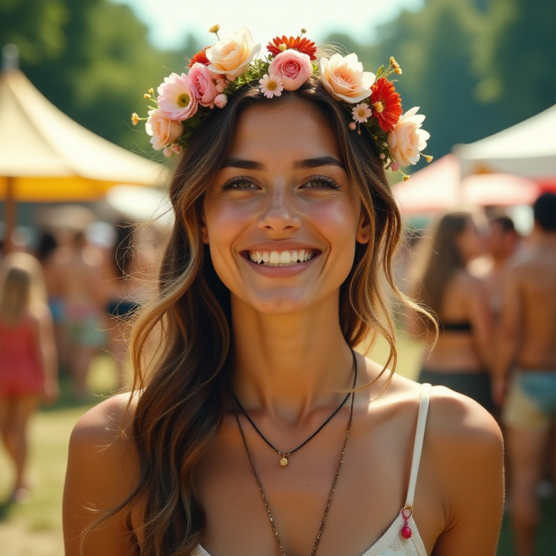 Woman with half-up, half-down hairstyle in a festival.