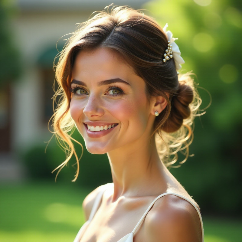 Woman with half-up half-down hairstyle laughing in a park.