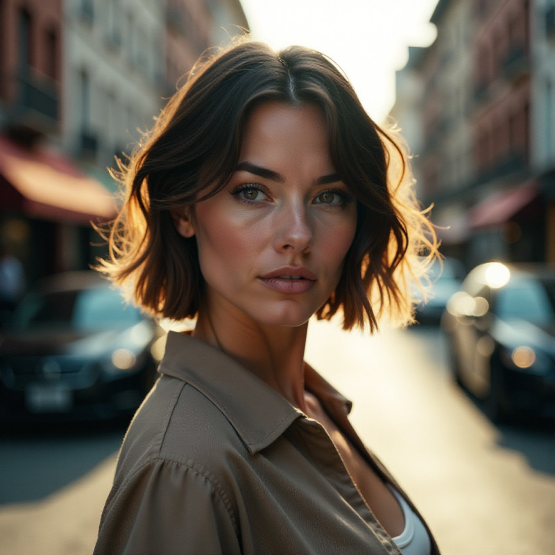 Woman with layered short hair on a city street.