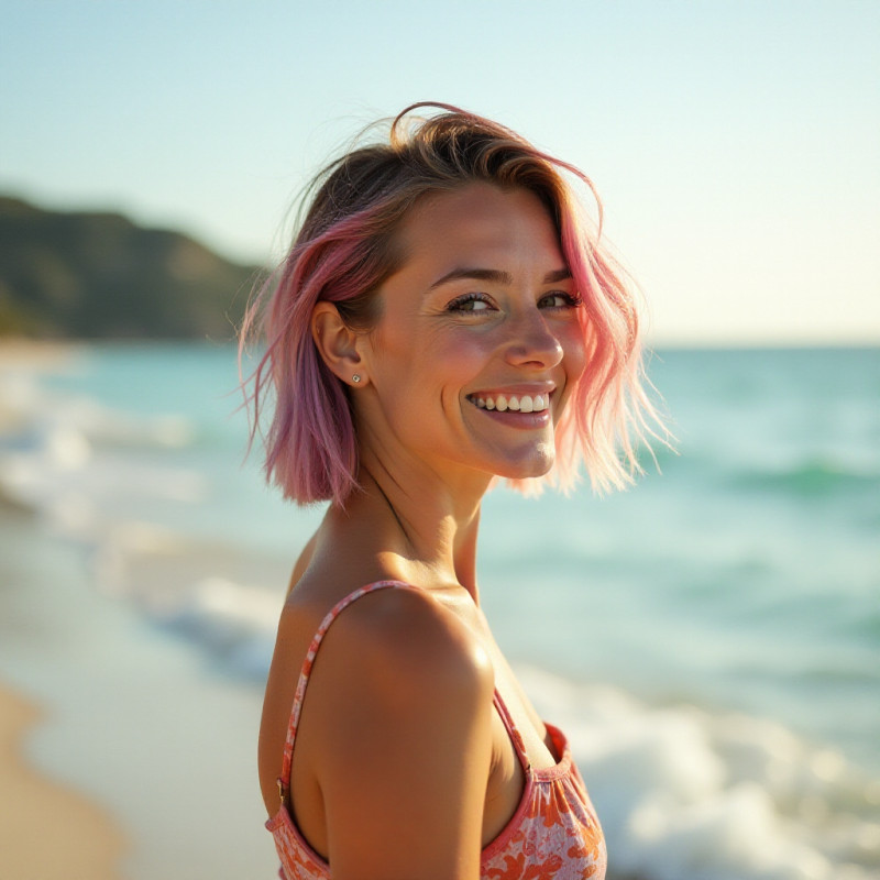 Woman with pastel colored tips at the beach.