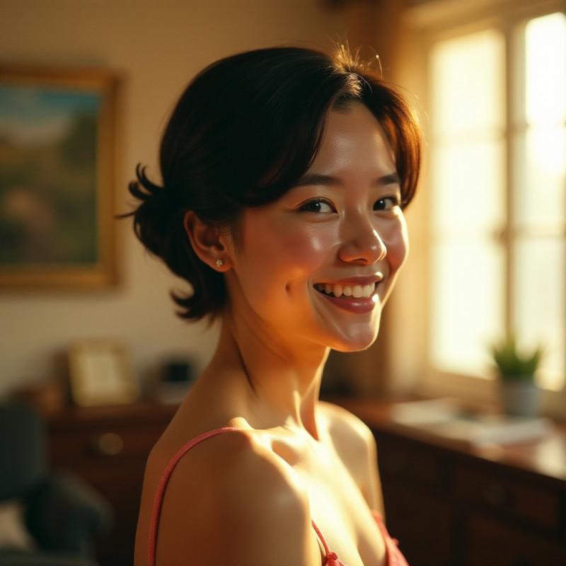 Woman with pinned back short hair in a bright room.