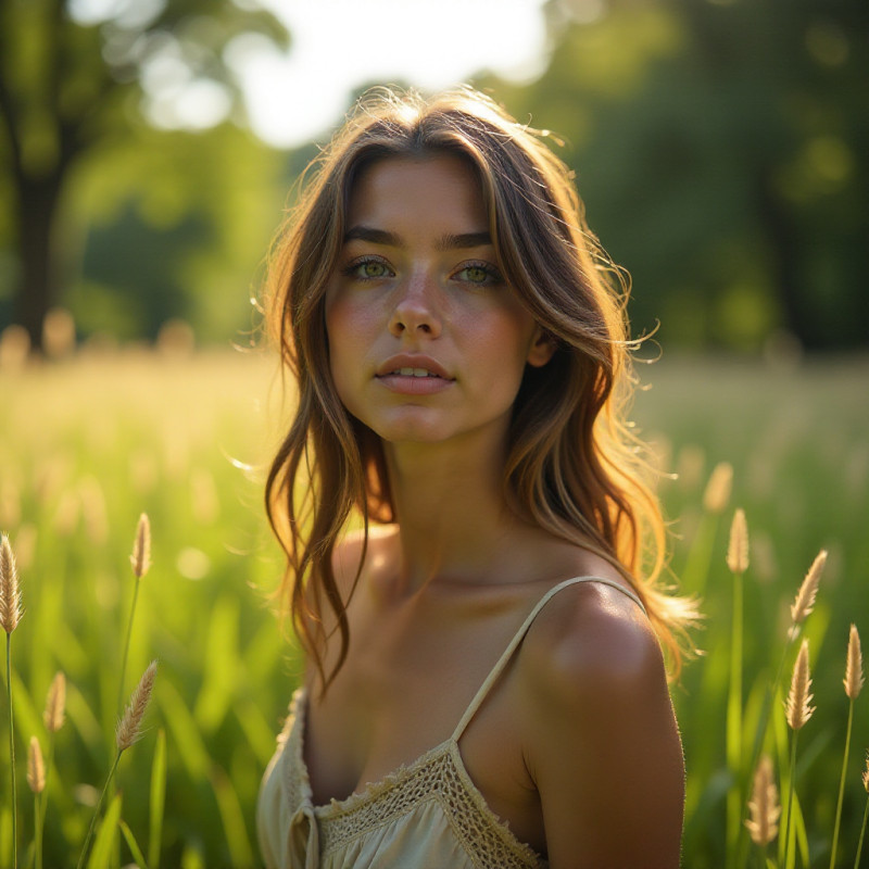 Woman with shaggy layered hair in a grassy field.