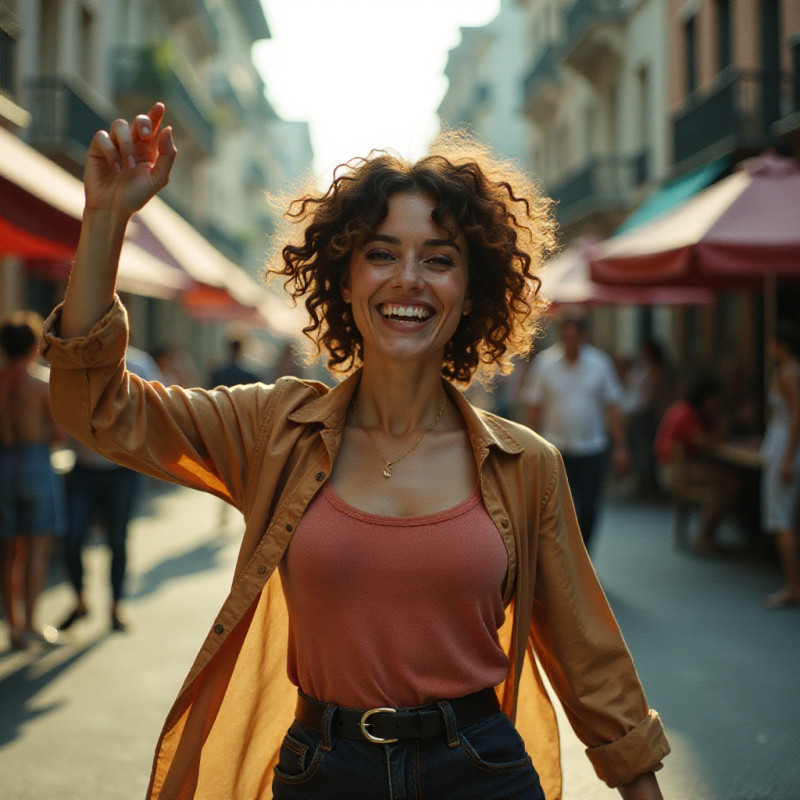 Woman with short curly hair dancing in the street.