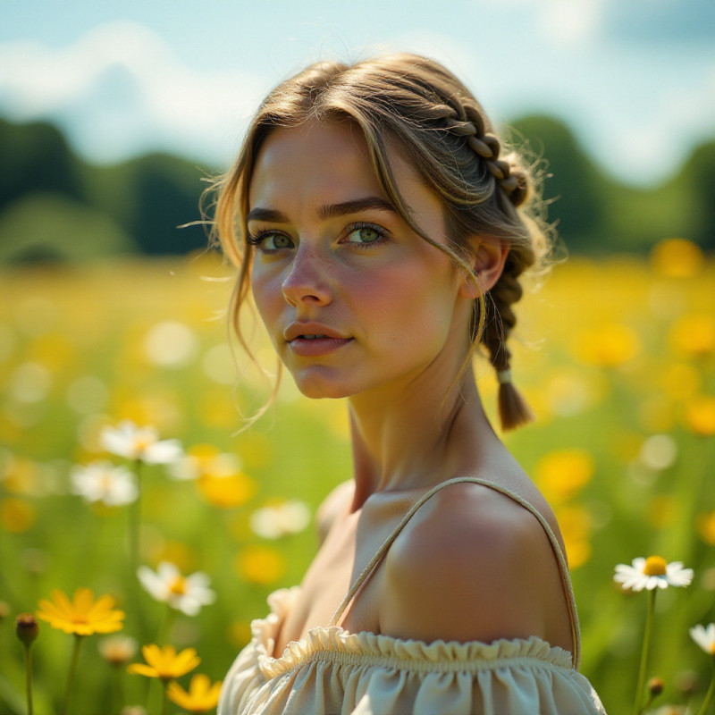 Woman with short hair and small braids in a meadow.