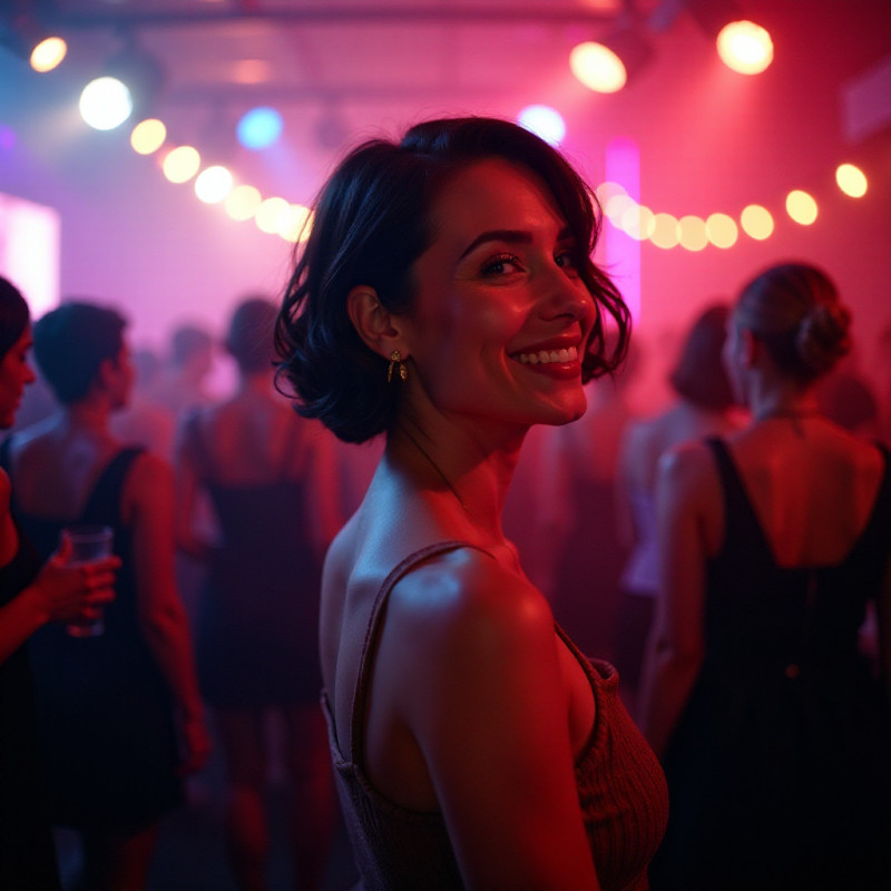 Woman with short hair curled at the ends at a party.