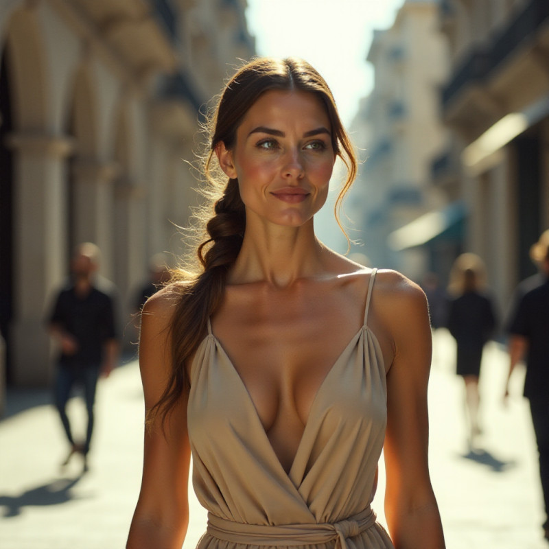 Woman with sleek low ponytail in an urban setting.