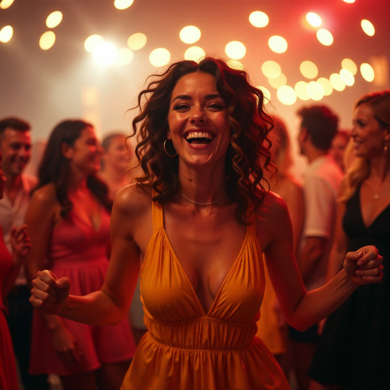 Woman with spiral waves at a party.