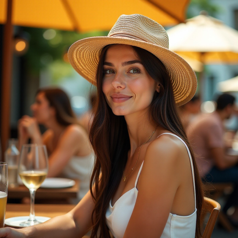 Woman with straight, sleek hair at an outdoor café.