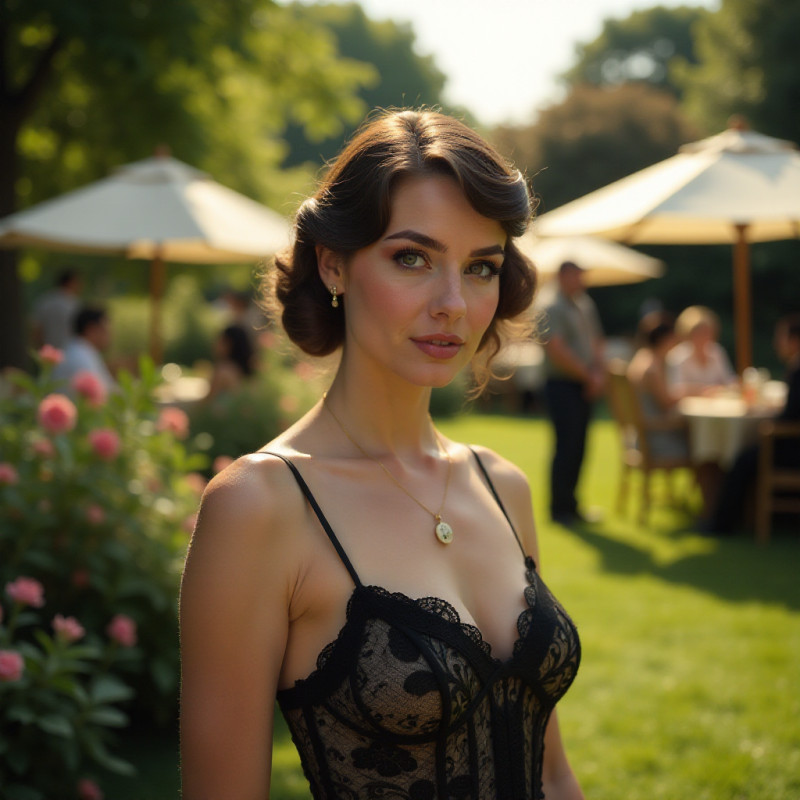 Woman with vintage waves at a garden party.