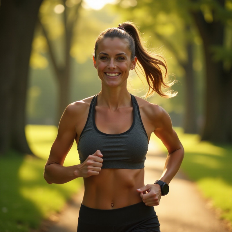 Woman with wavy ponytail jogging in a park.