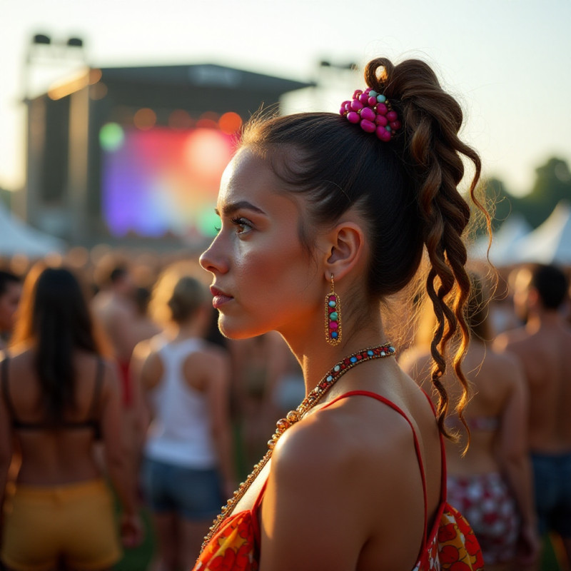 Woman with wavy updo at a music festival.