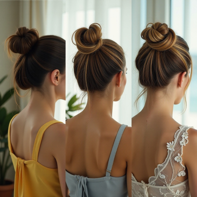 Women wearing messy buns in various settings.