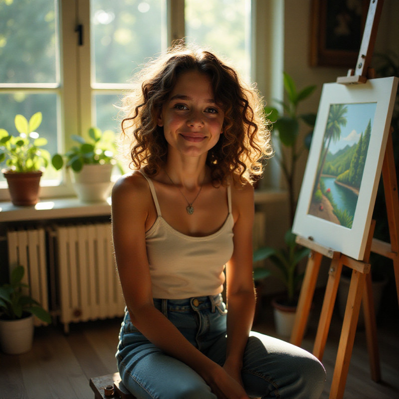 Young artist with bouncy curls in a studio.