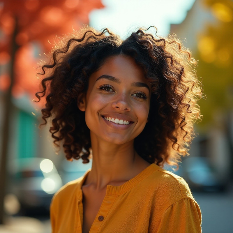 Young woman showcasing various bouncy curls for all seasons.