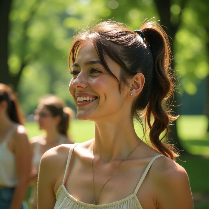 Young woman with a bubble ponytail laughing at the park.