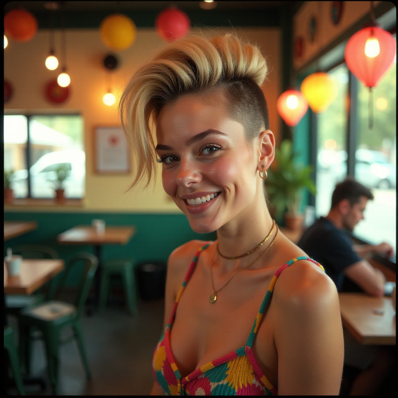 Young woman with a faux hawk hairstyle smiling in a café.