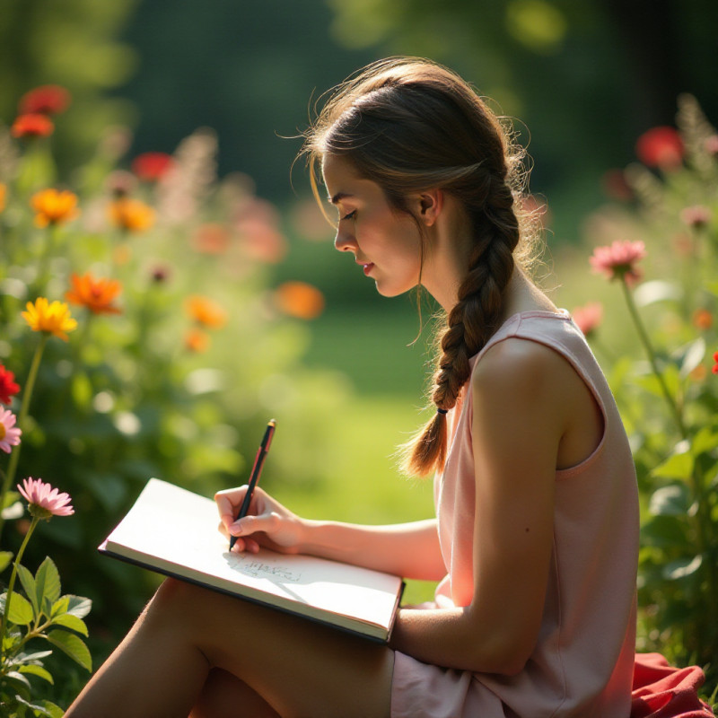 Young woman with a fishtail braid drawing in a garden.