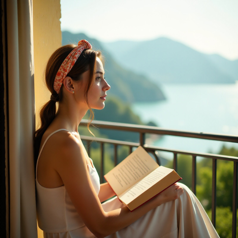 Young woman with a headband reading on a balcony.