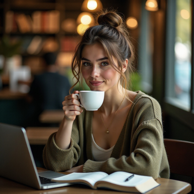 Young woman with a messy bun and waves in a cafe.