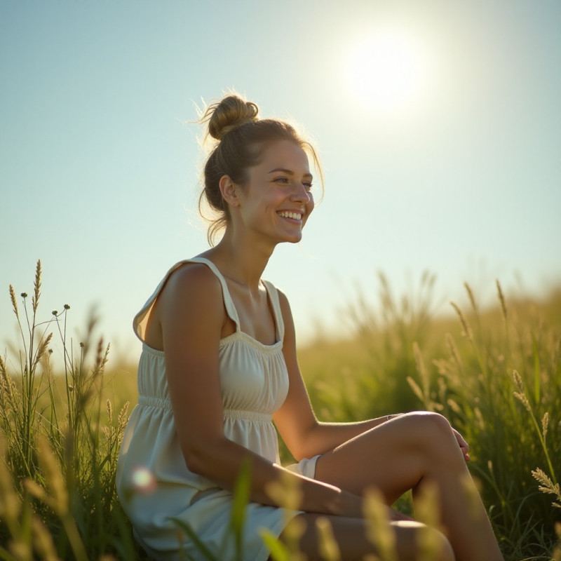 Young woman with a messy bun enjoying summer outdoors.