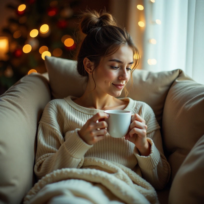 Young woman with a relaxed topsy tail hairstyle lounging on a couch.