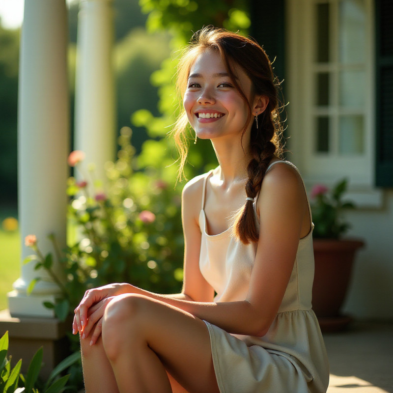 Young woman with a side braid relaxing on her porch.